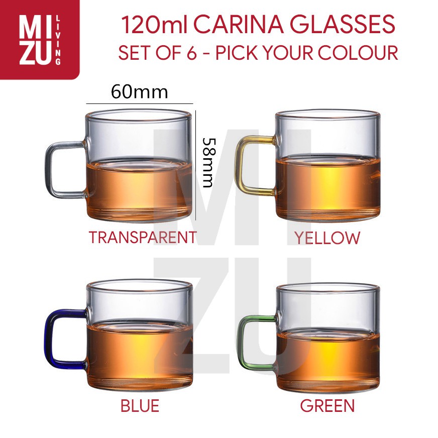 MIZU CARINA 6in1 SET Cangkir Kaca 120ml Gelas Pyrex Kuat Tough Borosilicate Glass Cup