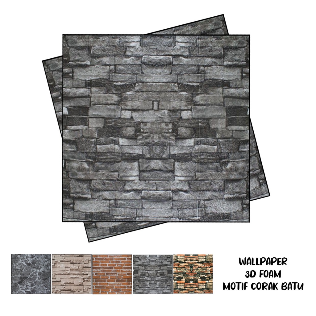 Wallpaper Dinding 3D Foam Motif Batu Alam / Wallsticker Dinding 3D Foam / Wallfoam 3D-CRK HITAM