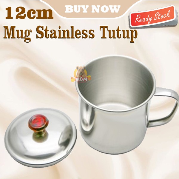 Mug Stainless dengan Tutup cangkir camping gelas kopi teh ukuran 12 CM