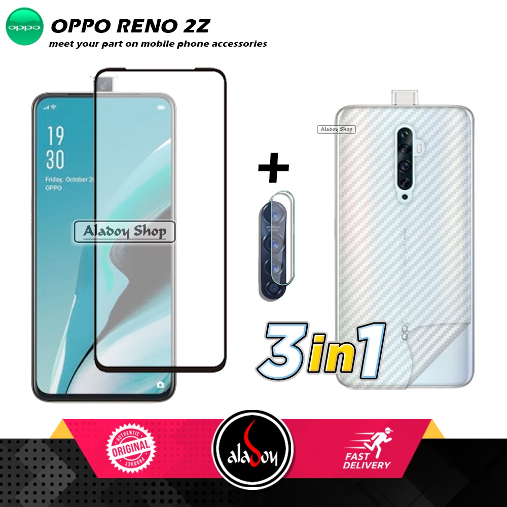 PAKET 3 IN 1 Tempered Glass Layar Oppo Reno 2Z Free Tempered Glass Camera dan Skin Carbon