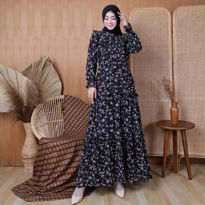 Sale Dress Lala Ceruty Gamis Bunga Kecil Hitam Black M Xl