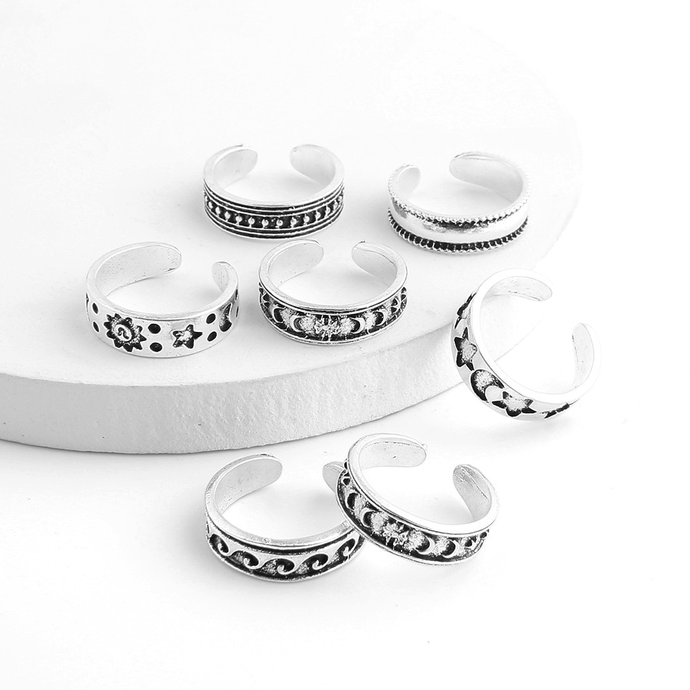 7pcs / Set Cincin Kaki Model Terbuka Desain Ukiran Bulan / Bintang Hollow Gaya Vintage / Bohemian Untuk Wanita