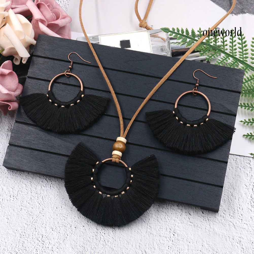 OW@ Bohemian Women Round Pendant Fringe Tassel Rope Necklace Earrings Jewelry Set