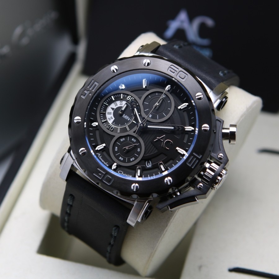 JAM TANGAN PRIA ALEXANDRE CHRISTIE AC 9205 AC9205 SILVER BLACK LEATHER ORIGINAL