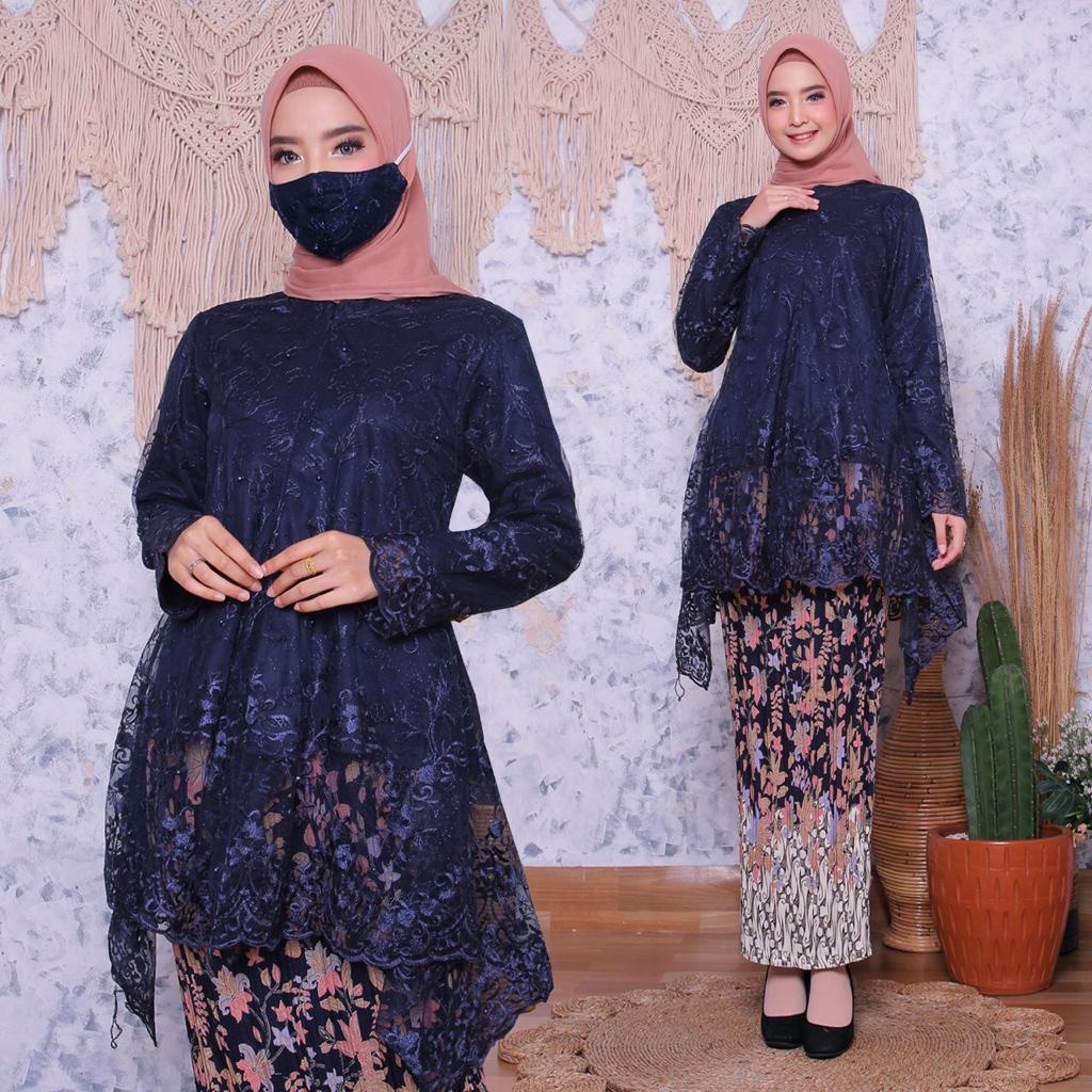Set Kebaya Brokat Tulle Rok Plisket Semi Sutra / Set Kebaya Modern Floy / Kebaya Floy Untuk Wisudawa