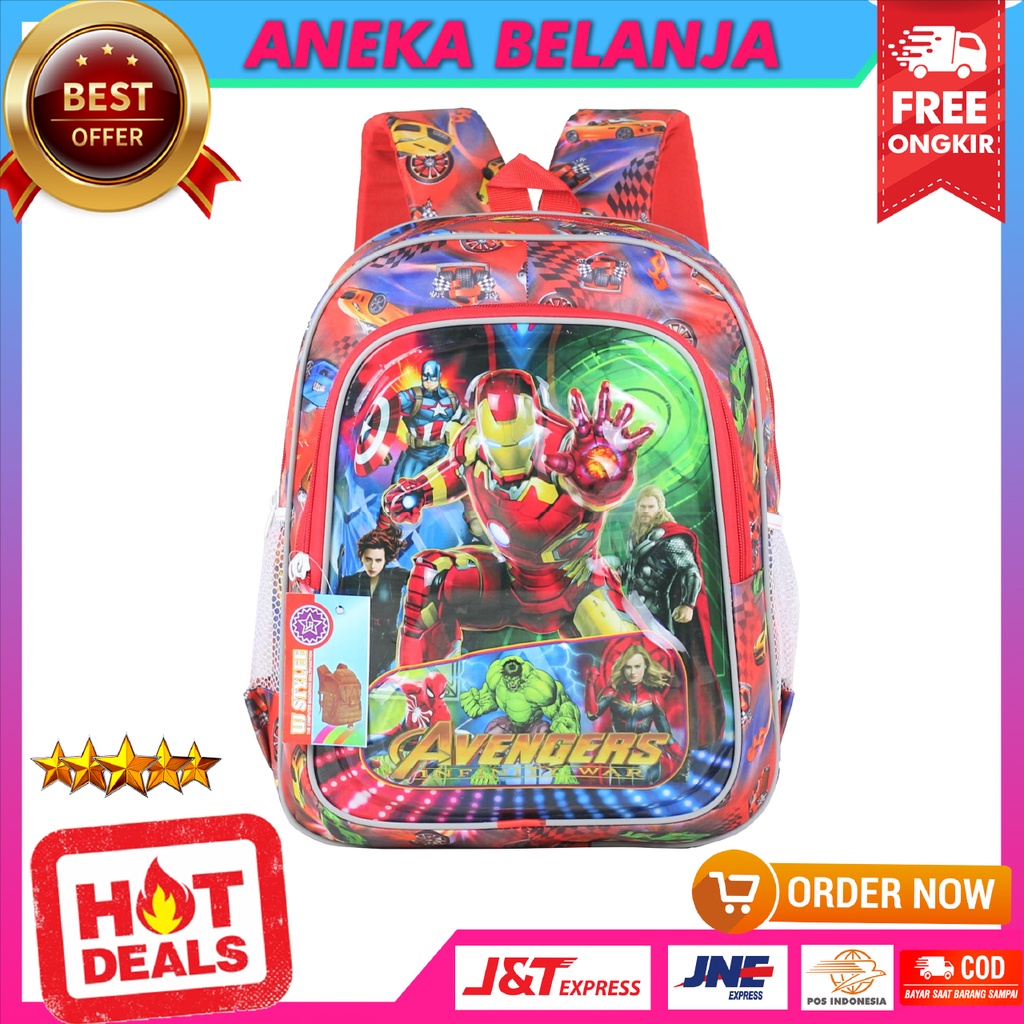 Tas Anak Lampu Motif Karakter Averangers Warna Merah Ransel Sekolah Model Trendy Kekinian Multifungsi