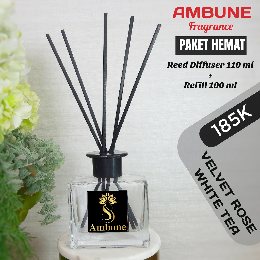 Reed Diffuser Oil Velvet Rose White Tea 110 ml + Extra Refill 100 ml Ambune