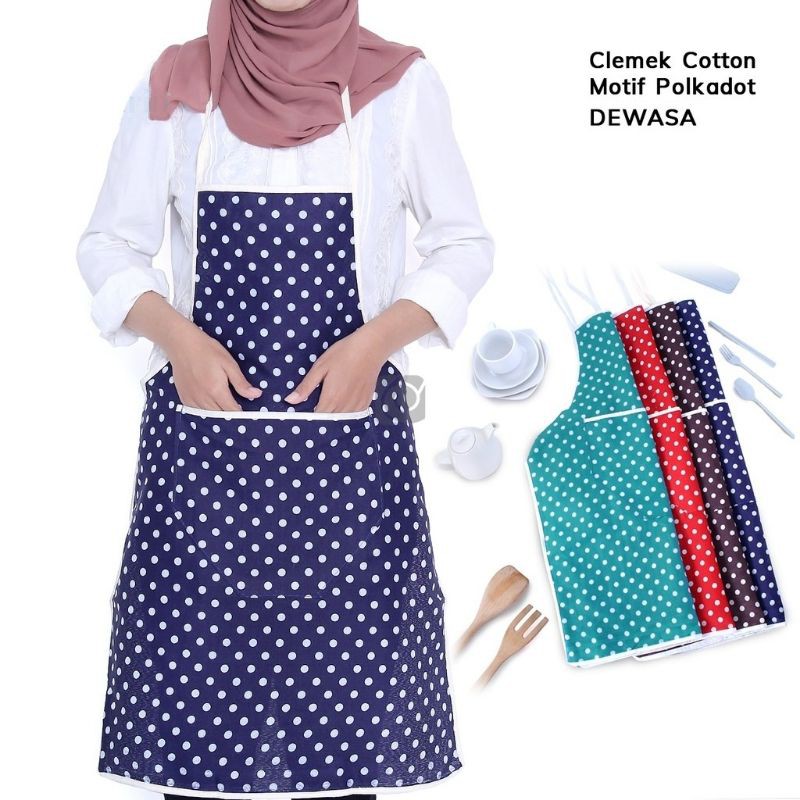 Apron Celemek Masak Bahan Cotton Polkadot &amp; Nylon Waterproft