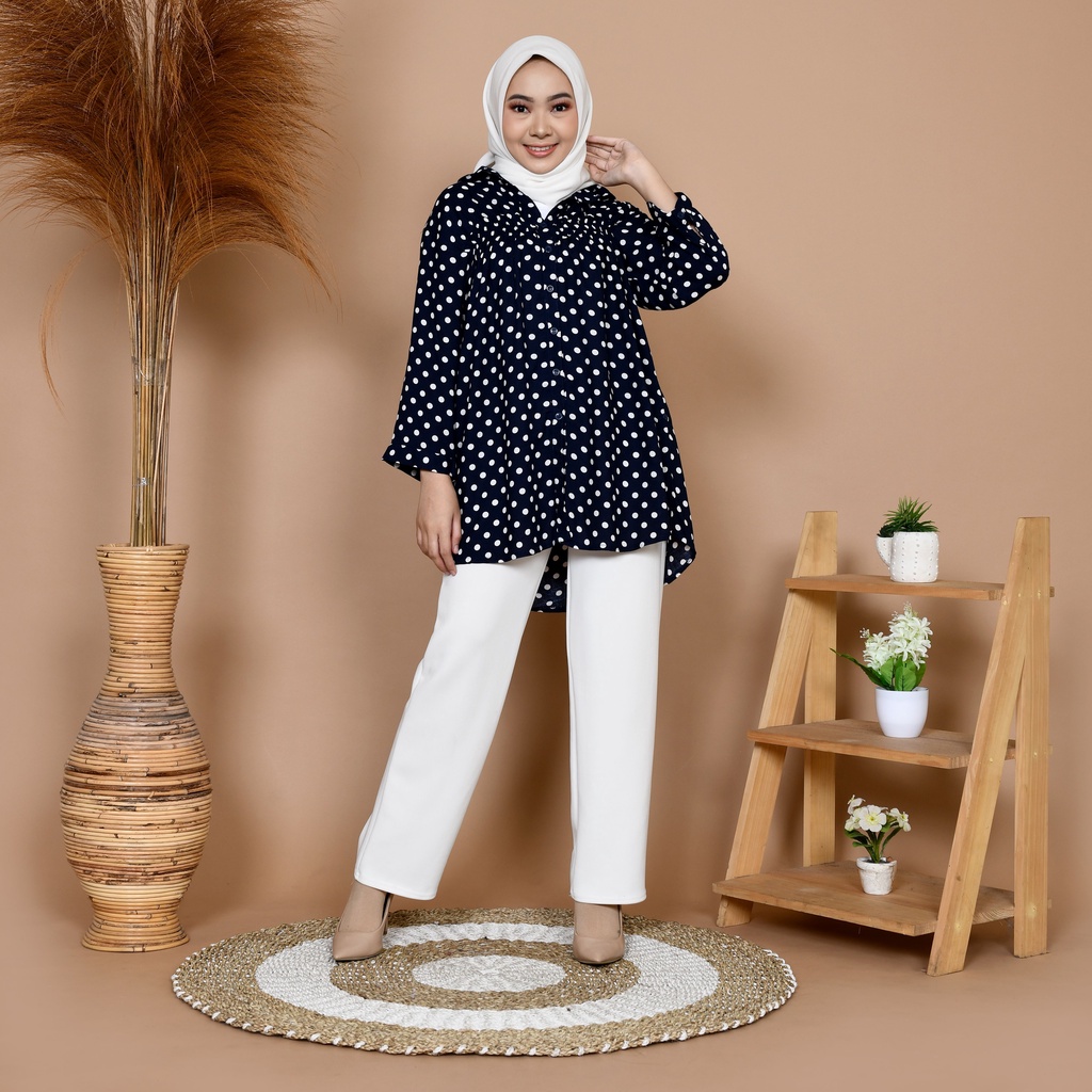 NHM Kemeja Wanita Kerja Santai, Baju Atasan Oversize Motif Polka