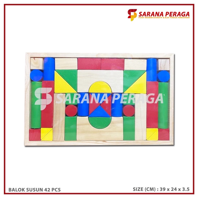 SaranaPeraga - Balok Susun Natural / Balok Susun Warna 42 Pcs Keping Kayu / Menyusun Balok Kayu / Be