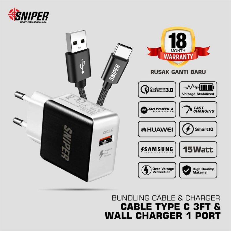 Charger Paket Sniper Wall Charger Iport QC 3.0 Nylon Braided Tipe C 3ft / 0.9 M