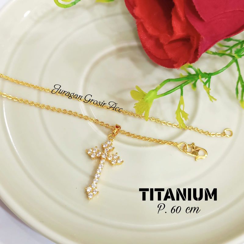 KALUNG SALIB TITANIUM DESAIN MINIMALIS PERMATA DIAMOND PERHIASAN WANITA KOREA ANTI KARAT&amp;ANTI LUNTUR