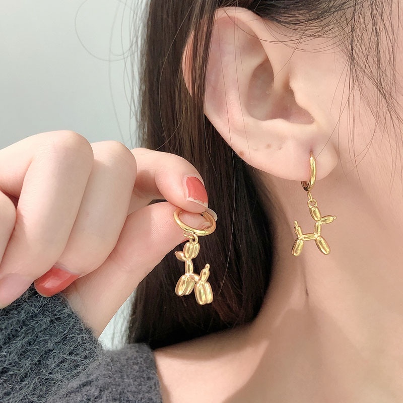 Anting Tusuk Motif Balon Anjing Lucu Bahan Titanium Steel Warna Emas Untuk Wanita