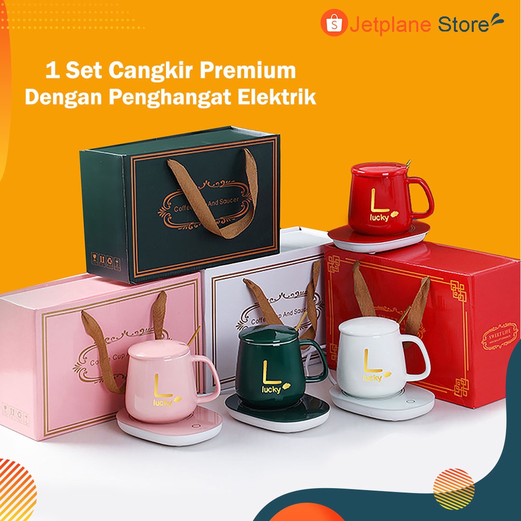 Mug Cangkir Keramik Set Dengan Alat Penghangat Elektrik Dengan BOX Elegant dan Free Bonus Mug Stainless 500ml