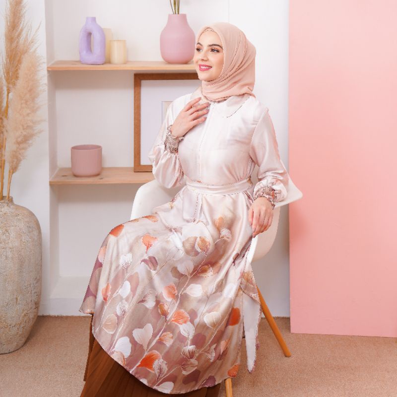 Tunik Midi Dress Silk Printing Tiara (Gold Olive)