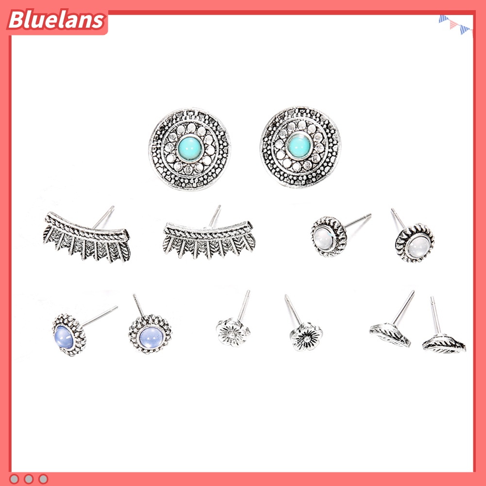 6 Pasang / Set Anting Stud Bentuk Bunga Bulu Bulat Gaya Retro Boho Untuk Wanita