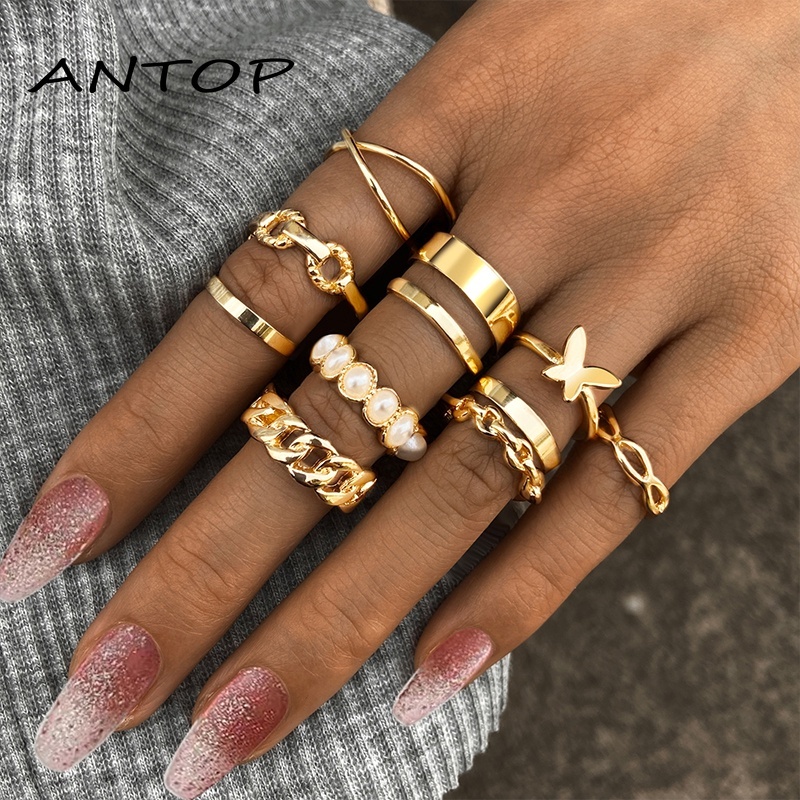 10 Buah/Set Korea Cincin Salib Mutiara Kupu-kupu Fashion Aksesoris Wanita Elegan ANTOP