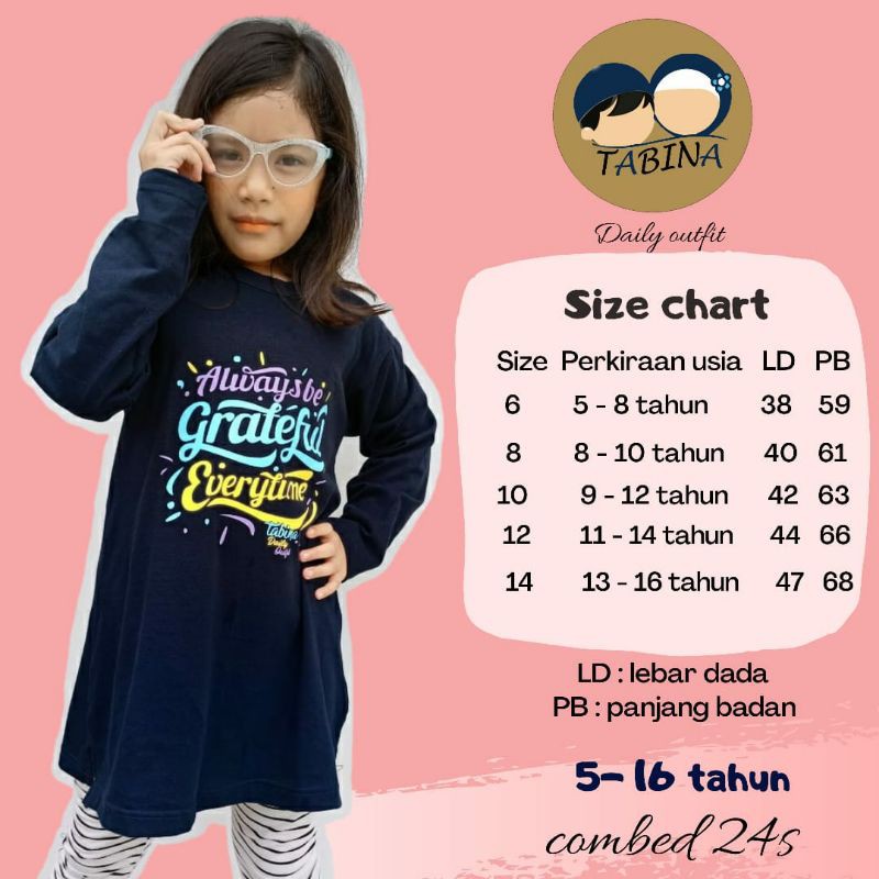 Atasan Kaos Tunik Lengan Panjang Anak Perempuan dan Remaja Tabina seri Yuraa usia 2 hingga 14 tahun Max BB 50 kg