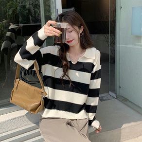 FUJI ATASAN RAJUT BLOUSE BB30-50KG CROPTOP BLASTER GARIS SALUR FUJI SWEATER BAJU BELANG BAJU KERAH KEMEJA WANITA KOREA STYLE