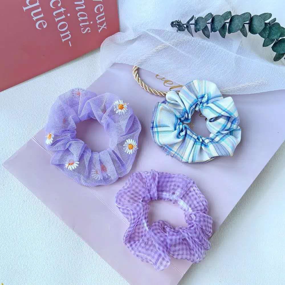 （ 27AN.ID ) COD 3Pcs/Set Ikat Rambut H159 Scrunchies Ponytail Elastis Bhn Sifon Motif BungaDaisy-7