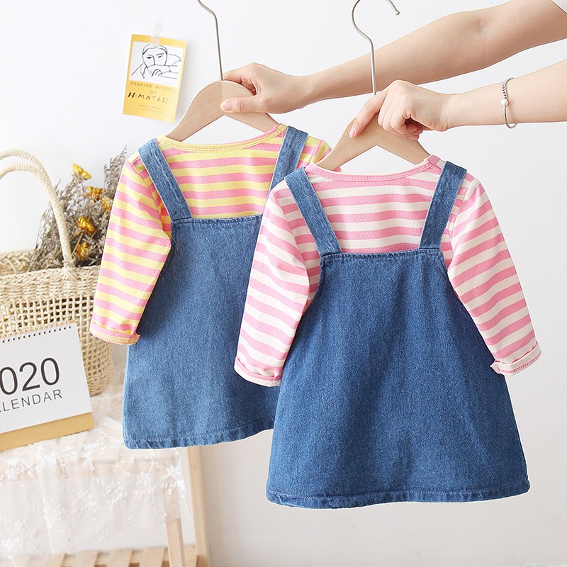 HappyOliver OVERALL SALUR DENIM RAINBOW 5882 EBV baju anak perempuan import 2in1 motif lucu