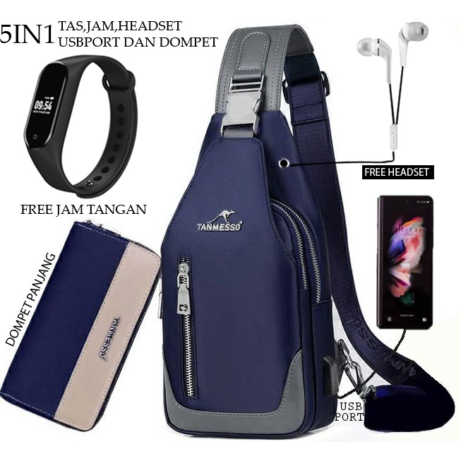 TANMESSO 5in1 BAYAR DITEMPAT- JAM LED -HEADSET- DOMPET -USBPORT -TAS WATERPROOF-BAHAN INTERPILAR SENDIRI LEMBUT DAN TEBAL MENGANDUNG 70%COTTON BUKAN PARASUT ATAU KANVAS SEPERTI YANG BEREDAR DIPASARAN-TAS SELEMPANG PRIA-SLING BAG PRIA