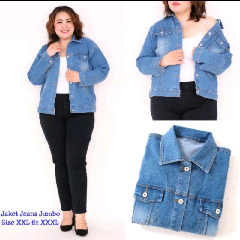 Jaket Jeans Wanita Jumbo XXL fit XXXL . Jaket Jeans Jumbo .  Jaket Jeans Big Size Murah . Jaket Oversize