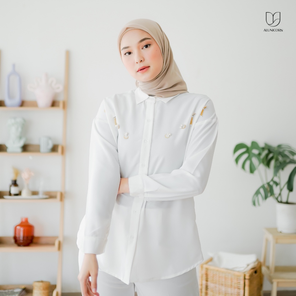 Alunicorn - Busui- Bia Series - Valen Set - Blouse Wanita - Pants Wanita-Blouse Broken White