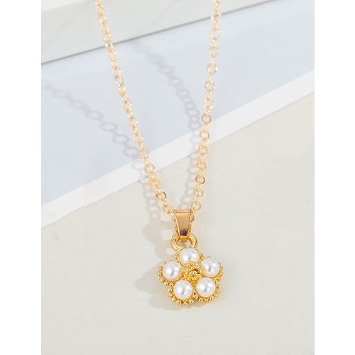 LRC Kalung Fashion Necklace Alloy Pearl Flower Necklace