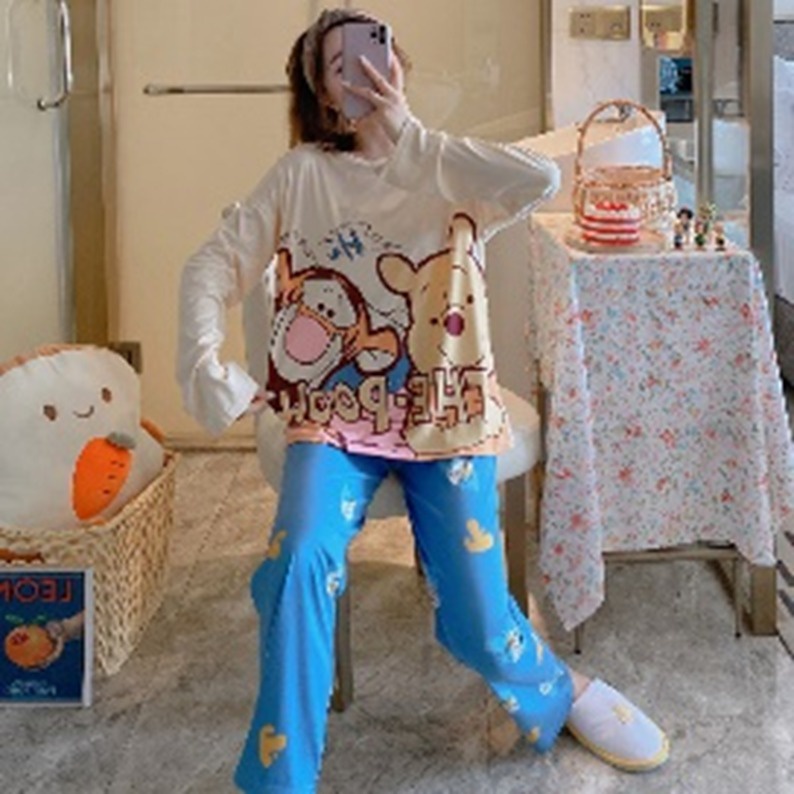 COMFIT STORE PJ3 PP Setelan Piyama Wanita Jumbo Tangan Panjang Celana oversize Baju Tidur Dewasa Import Korea-WINNIE HI CREAM PJ3