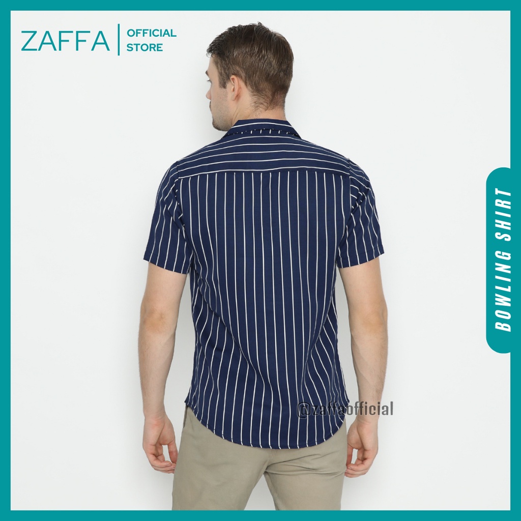 Zaffa Kemeja Salur Pria Lengan Pendek  Kerah Pantai Katun Motif Stripe Garis Navy Unisex Z-1002