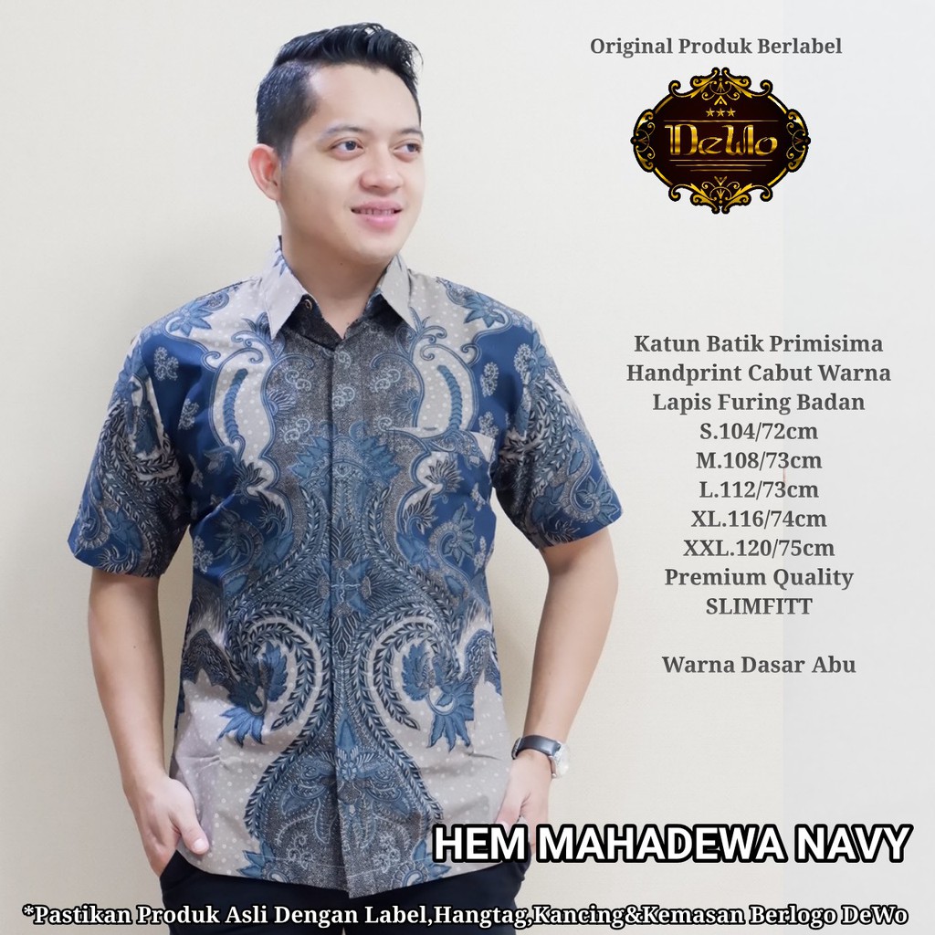 Mahadewa Navy Kemeja  Batik  Pria Pendek Full Furing by Dewo  