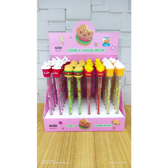 

Pensil susun kepala karet junk food sebox (48pc)