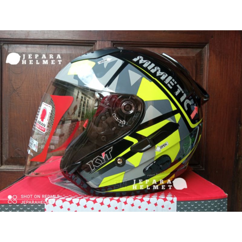 Helm KYT Galaxy Flat R Solid Motif Double Visor Original | KYT Half Face Galaxy Flat R Polos Black Hitam Doff Metalik Fire Red Merah Maroon Ferrari White Putih Gorila Grey Gunmetal Abu Aqua Blue Motif 4 5 Mimetic Neon Matrix Red Blue Yellow galaxy Slide-Motif 4 yellow