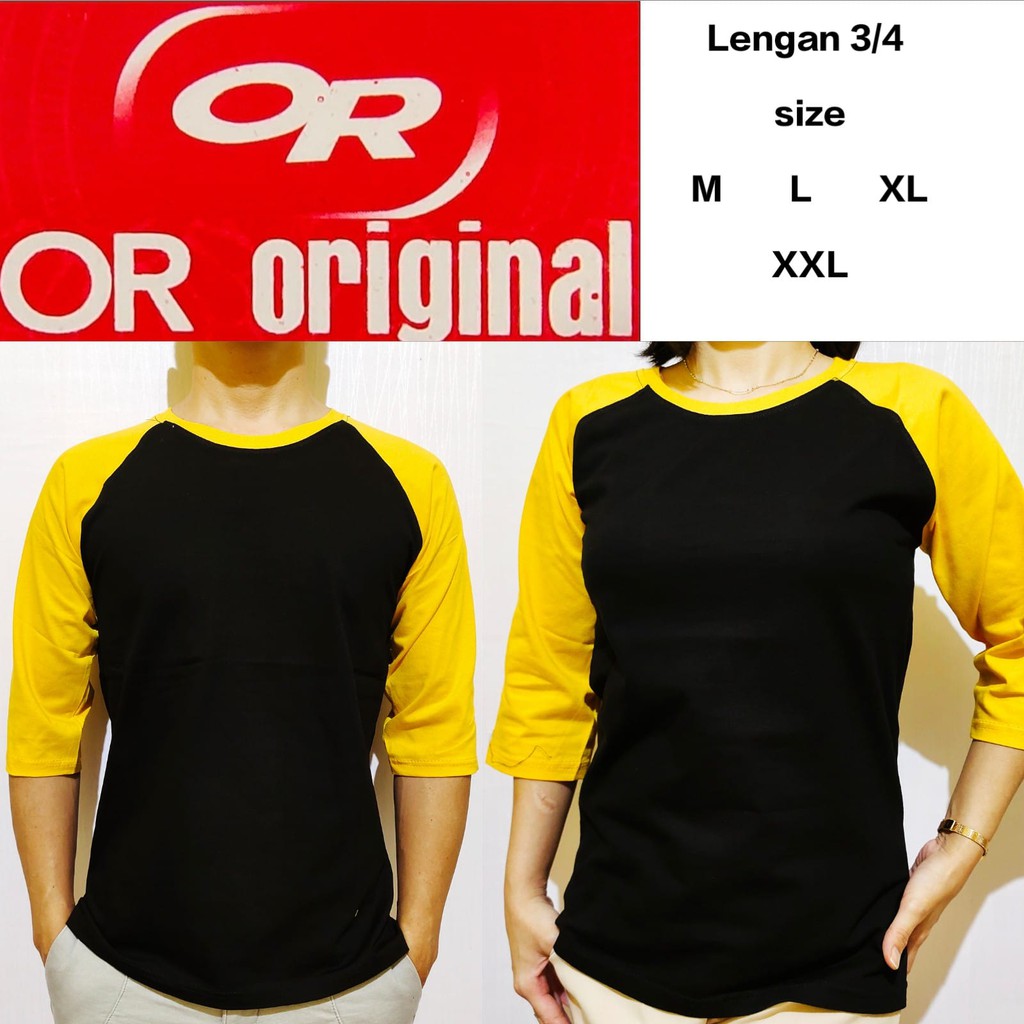 kaos polos reglan hitam lengan kuning 3/4 M L XL XXL