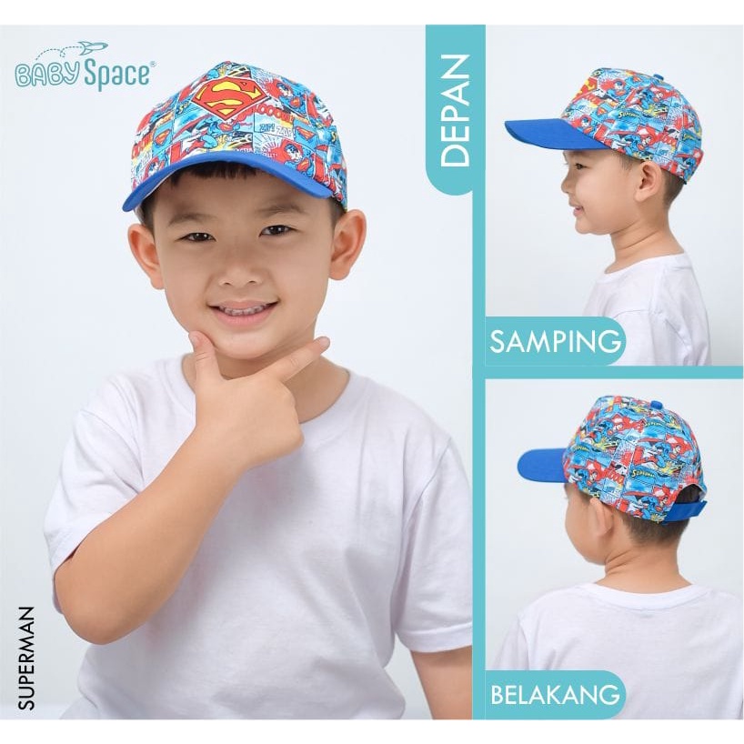 TOPI ANAK SUPERHERO BABY SPACE FULLPRINT DAN SPACEKIDS LOGO BORDIR SIZE 2-6 TAHUN-BABY SPACE SUPERMAN