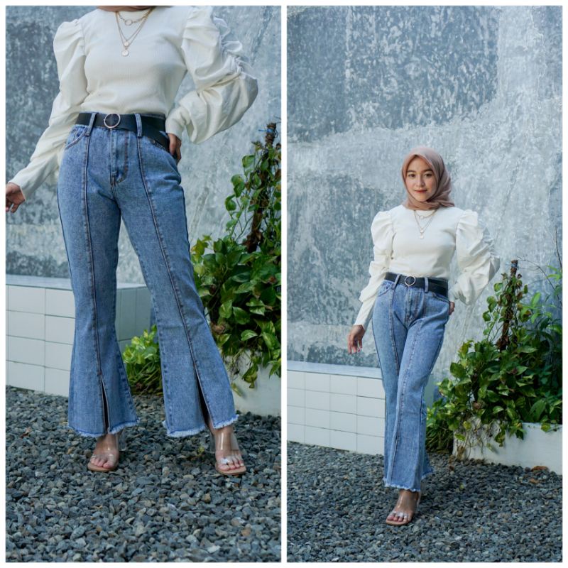 Cutbray Jeans Belah Tengah / Celana Jeans Cutbray Garis / Cutbrei Tulang
