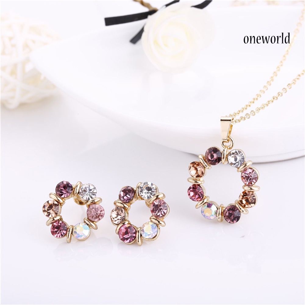 OW@ Women Rhinestone Round Pendant Chain Necklace Ear Stud Earrings Jewelry Set