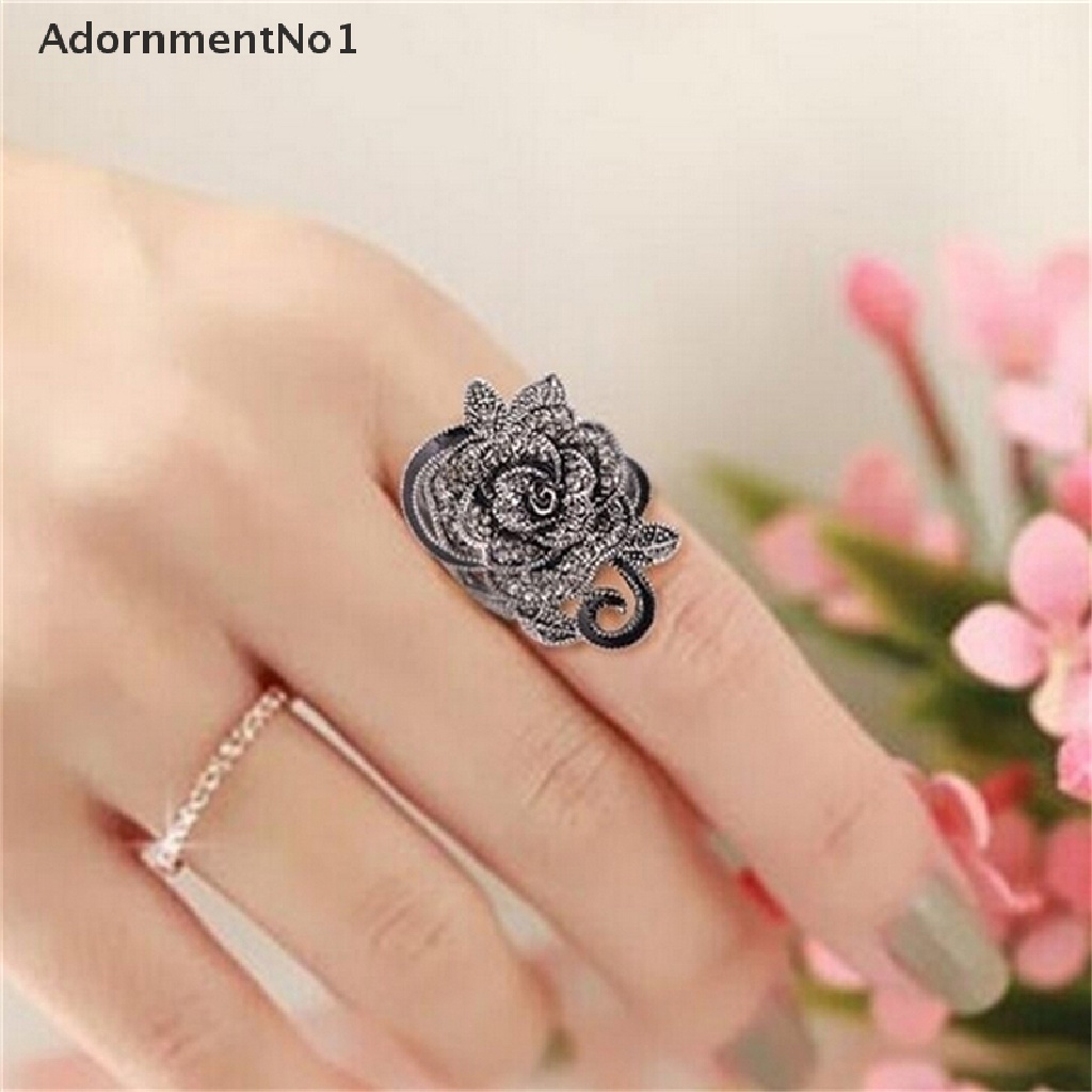 (AdornmentNo1) Cincin Gaya Retro Vintage Motif Bunga Mawar Aksen Kristal Hitam Untuk Perhiasan Wanita / Hadiah