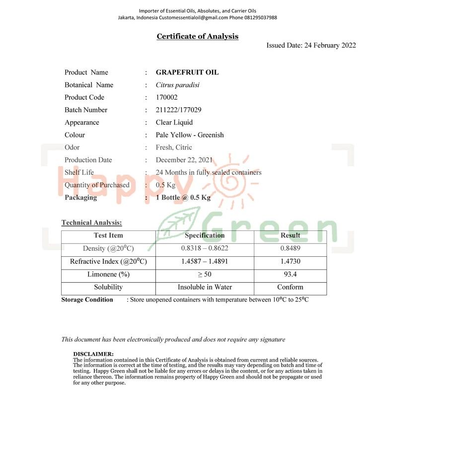Happy Green Grapefruit Essential Oil - Minyak Atsiri Jeruk Grapefruit