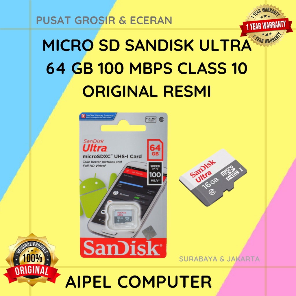 ULTRA64 | MICRO SD SANDISK ULTRA 64 GB 100 MBPS CLASS 10 ORIGINAL RESMI