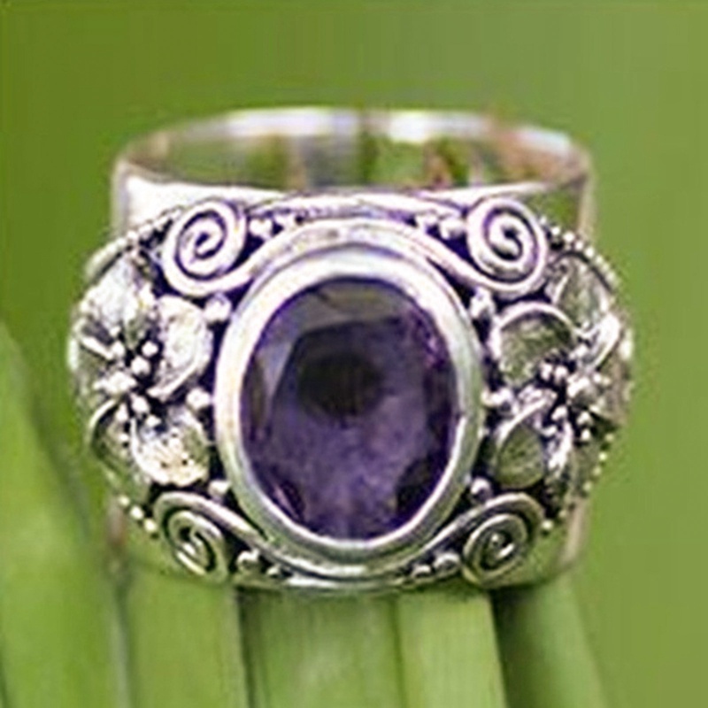 Cincin Natural Amethyst Perak925 Sterling Vintage Ukir