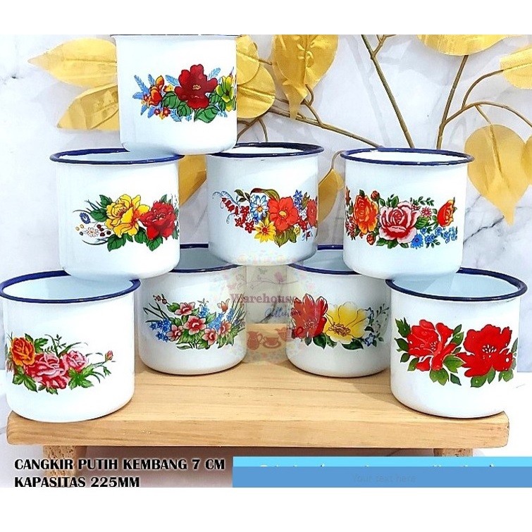 Cangkir Seng Jadul / Enamel 7cm POLOS MOTIF KEMBANG LURIK BLIRIK