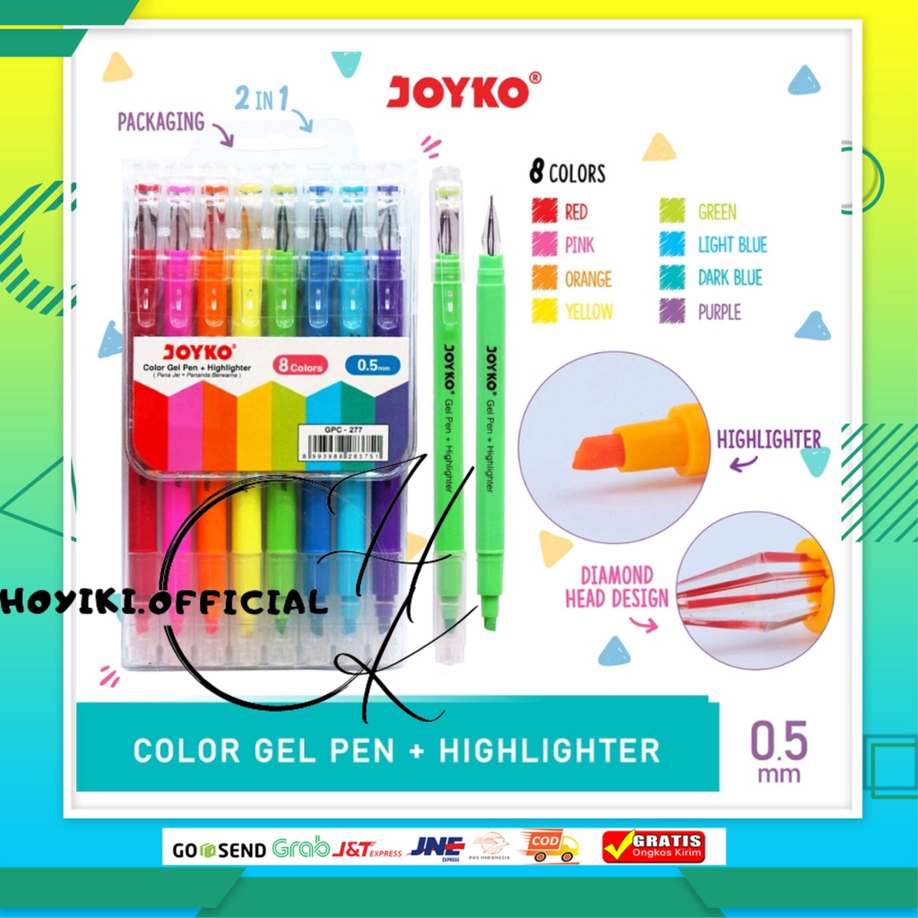 

2in1 Color Gel Pen + Highlighter Penanda Joyko GPC-277 8 Warna 1 Set Diamond