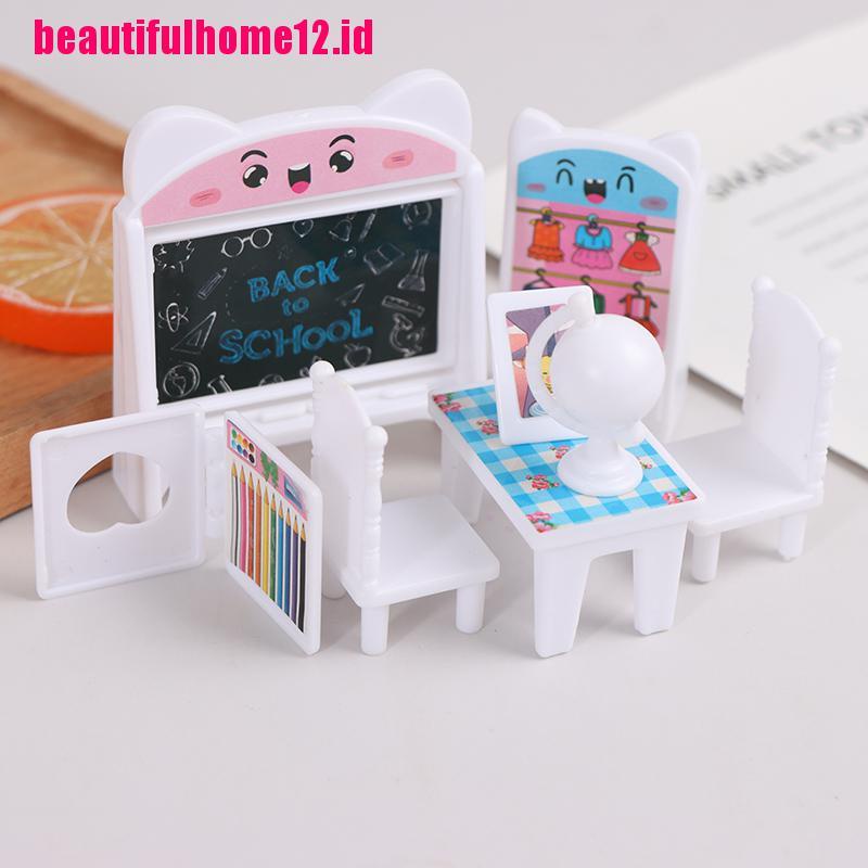 【beautifulhome12.id】8Pcs/Set Dollhouse Study Desk Set Blackboard Table Chair Doll Furniture Model