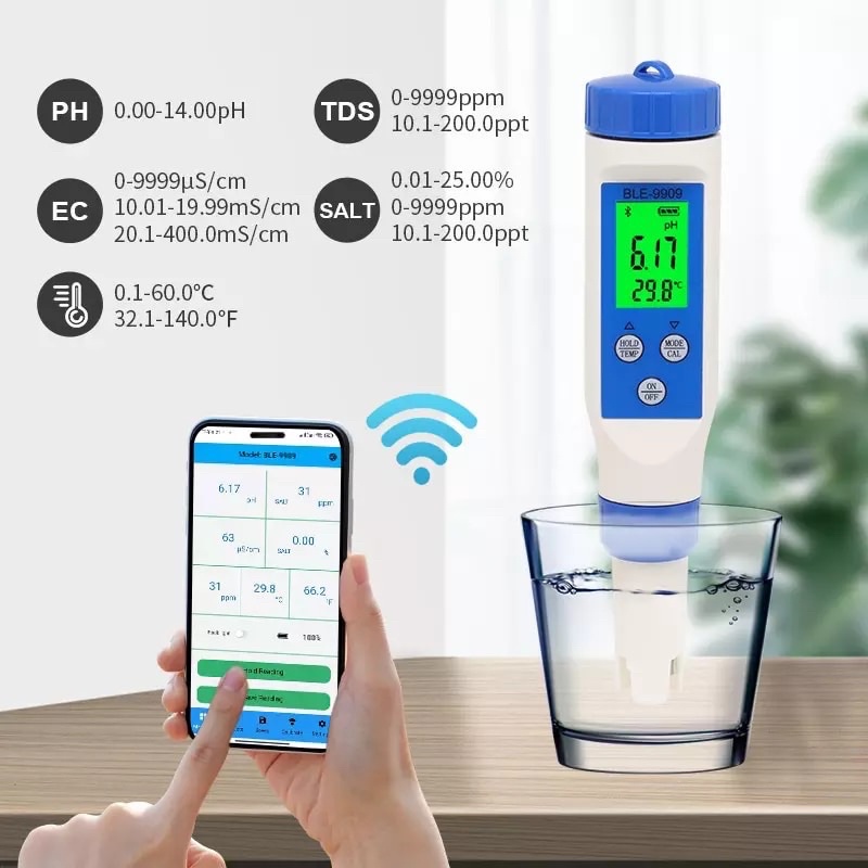 Digital Water Tester Bluetooth 5 in 1 BLE-9909 Salt-PH-EC-TDS-TEMP Meter