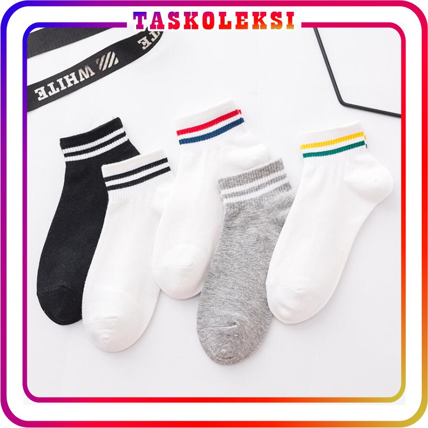 ☛TK☚ R140 Kaos Kaki Garis Korea Style Casual Sport Motif Garis Bahan Katun Warna Polos Medium Sock