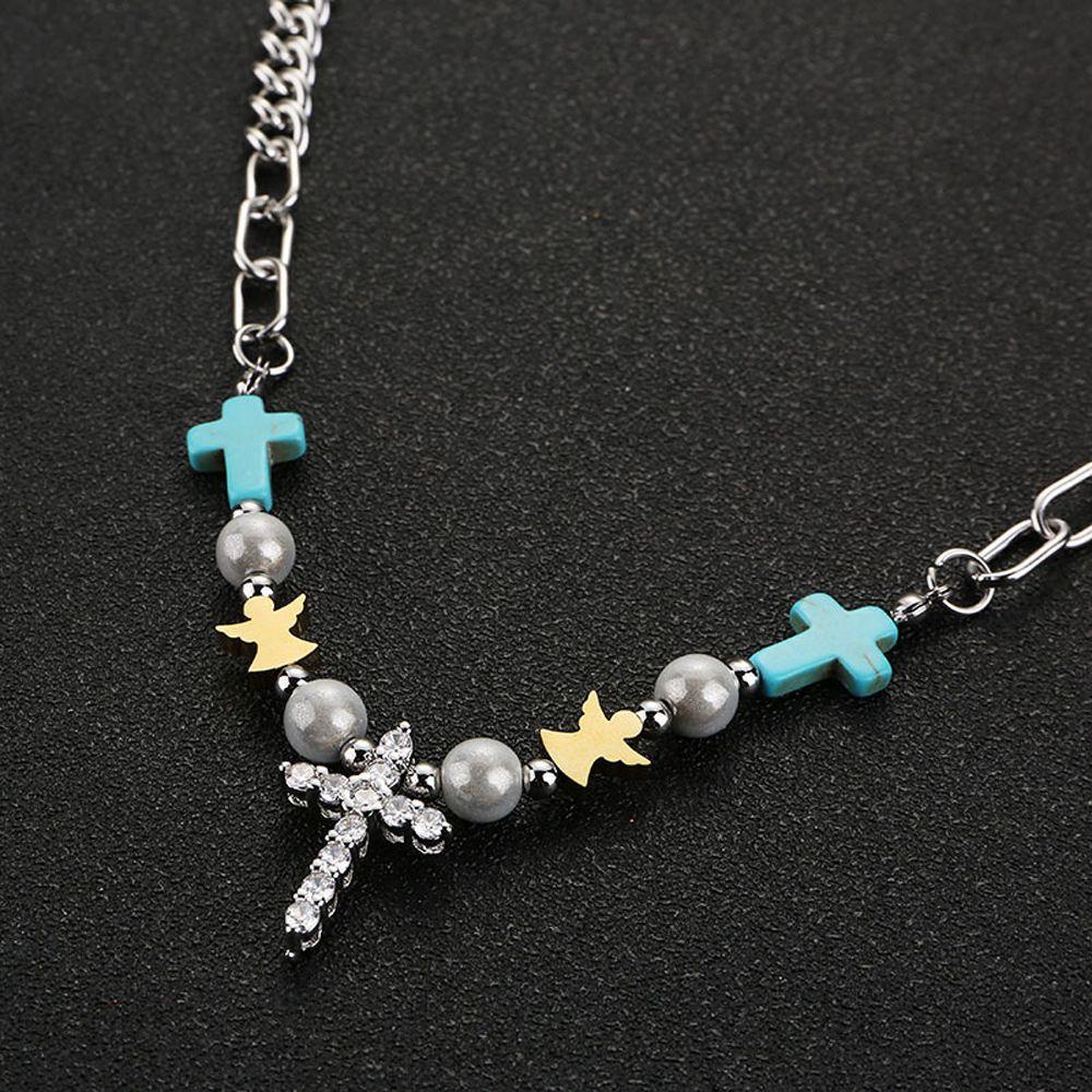 Mxbeauty Kalung Pria Hip-hop Vintage Liontin Salib Fashion Perhiasan Turquoise Beads Titanium Steel Tali Tangan
