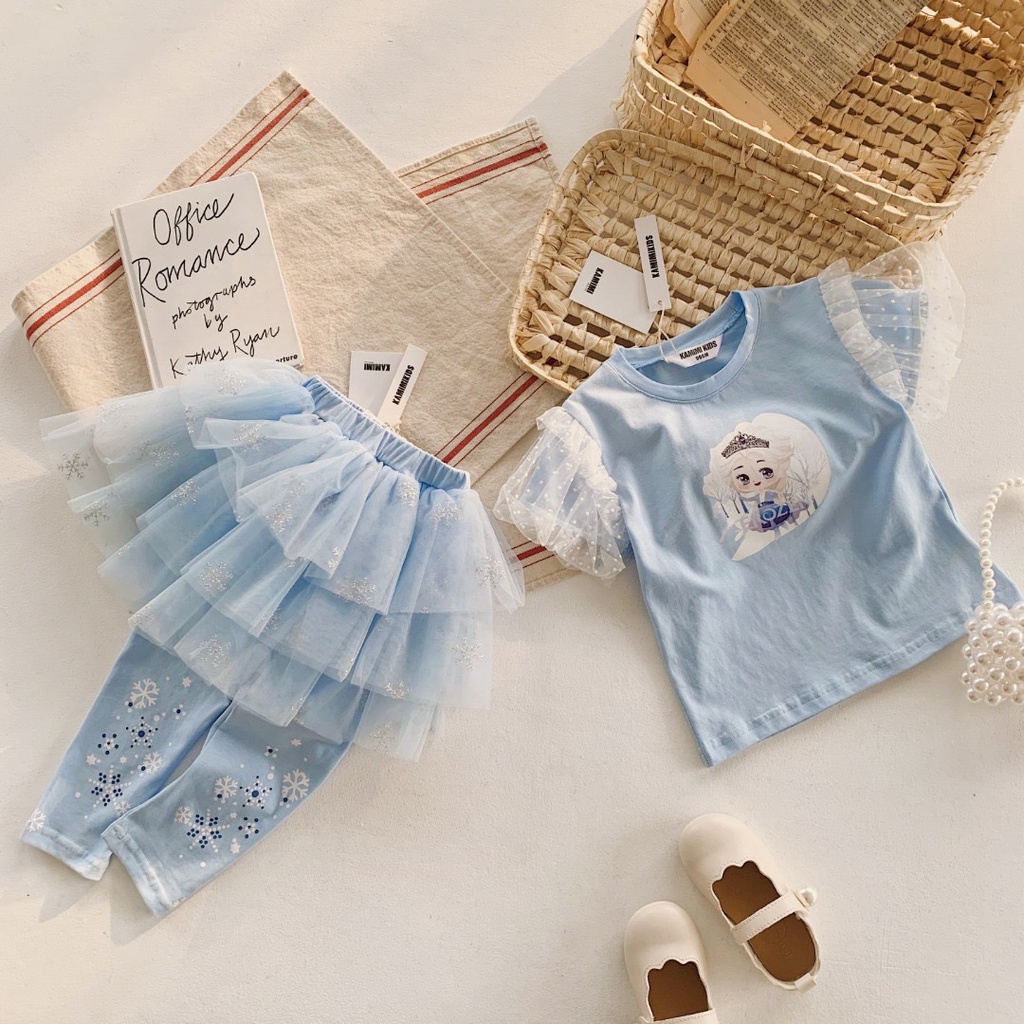 Setelan Anak Perempuan Impor Kaos dan Rok Tutu Legging Princess Frozen Elsa  Gratis Crown Set