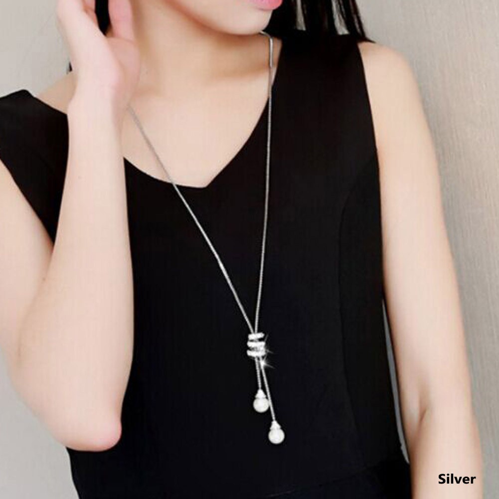 Simulated Pearl Crystal Long Sweater Chain Circles Necklace Collares Statement